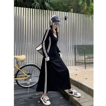Рокли HOUZHOU черна ивица с V-образно деколте и дълъг ръкав, дамски ежедневни корейската мода, винтажное дебнещ рокля-халат за баня Y2k, дамски градинска облекло