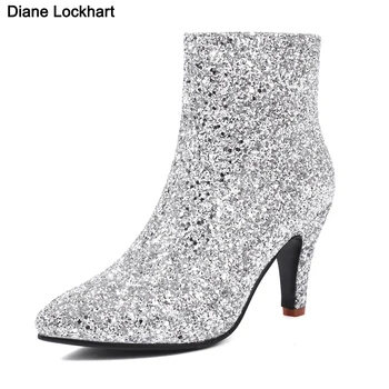 Дамски обувки със сребърни пайети, украсени побрякушками, на заостренном ток, модни каубойски обувки с кристали, дамски обувки с блестящи остриями
