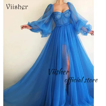 Вечерни рокли от тюл Viisher синьо на цвят, С дълги буйни ръкави и мъниста, рокля за бала под формата на феите-сърца с цепка, рокли за партита А-силует