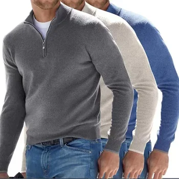 Есенна мъжки ежедневни риза поло от кашмир с V-образно деколте и цип, пуловер, монофонични топ, дизайнерска тениска с дълъг ръкав, мъжки поло риза