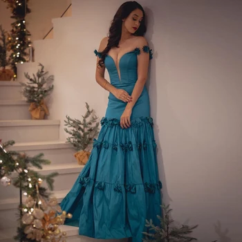Дълга вечерна рокля трапецовидна форма с открити рамене, рокля с аппликацией в формата на цветя, секси синьо атласное рокля с V-образно деколте, елегантен дамски дрехи по поръчка