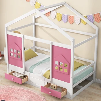 Дървено легло-къщичка Twin Size с 2 чекмеджета и прозорец интериор, бял + розов