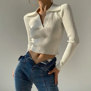 жена вязаный пуловер-поло с V-образно деколте в корейски стил, тънък еластичен топ поло
