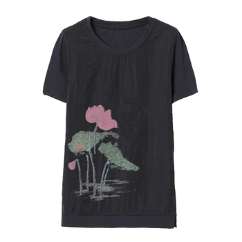 Тениска Lotus Женски, тениски с шумерски бродерия, Дамски памучни ленени ризи с къс ръкав, потници