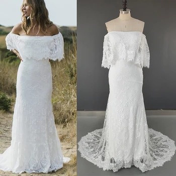 Сватбена рокля Русалка в стил Бохо с открити рамене и дантела в селски стил, с големи размери, Евтино бельо дълга сватбена рокля за снимане на поръчка
