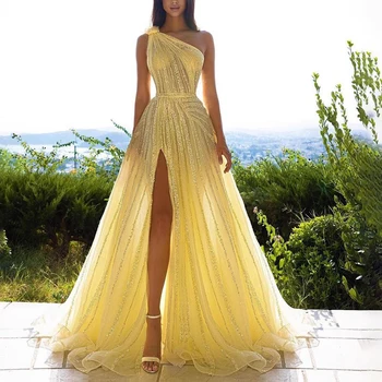 Жълто женствена рокля за бала, луксозна вечерна рокля с пайети на едно рамо, расшитое мъниста, Елегантна бална рокля на принцеса трапецовидна форма с цепка отстрани на 2023 г.