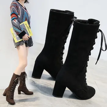 Дамски зимни ботуши, черни ботуши, дамски обувки до коляното, дамски ежедневни ретро обувки до средата на прасците, дамски обувки дантела