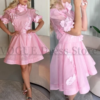 Прости Деления рокля от Розова Органза, за момичета с Цветни Апликации, Коктейл Вечерна рокля Трапецовидна Форма за Сватба, Къси vestidos