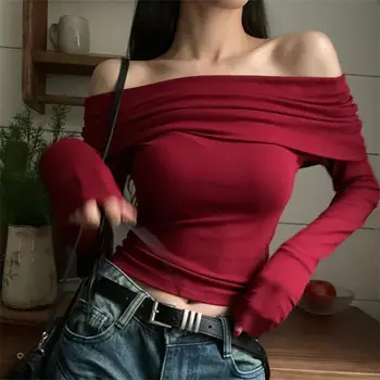 Секси върхове с открити рамене, вязаный съкратен топ с дълъг ръкав, дамски есенно-зимни новост 2023 г., приталенная къса червена тениска Spicy Момиче