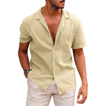 2023 Нова мъжка риза с ревера, однотонная риза с къс ръкав, мъжки памучен бельо риза с копчета