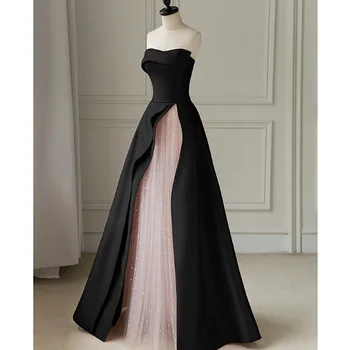 Черна вечерна рокля от висококачествен тюл без презрамки, луксозен дизайн, Елегантност, вечерна рокля за банкет, секси бални рокли в пода