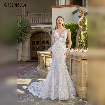 Сватбена рокля-калъф ADORZA, съвременно винтажное рокля-русалка на тънки спагети презрамки с V-образно деколте, расшитое органзой и тюлем, robe de mariée