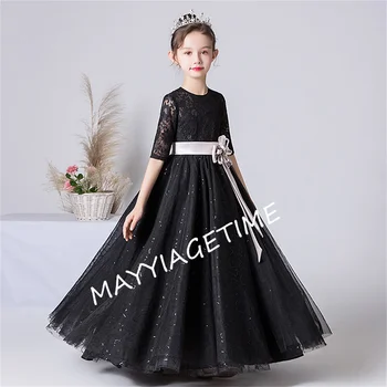 Черно тюлевое блестяща рокля за момичета, дълги дантелени рокли по цветенце за сватби и партита, колан