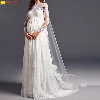 2023 Нова стикер Мечти сватбена рокля за бременни с дълги ръкави, произведено по поръчка, Елегантната принцеса, Луксозен, изискан, завързана панделка, дрехи за майката