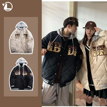Ново памучно палто в стил Харадзюку, мъжете на двойката с диамант окото и буквенной бродерия, удебелена яке за колеж, Модерни ежедневни топли паркове