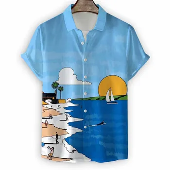 2023 Мъжка Лятна риза с принтом на брега в Хавайски стил с къс ръкав