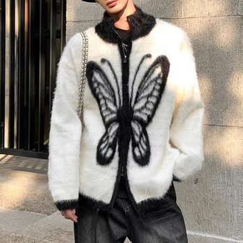 Мъжки Y2k имитация норкового кадифе, вязаная яке с пеперуда, есен-зима, Безполови Уличен контрастен вязаный пуловер за двойки, Унисекс