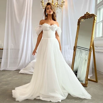 Eightree 2023, Бели сватбени рокли трапецовидна форма, сватбена рокля в стил бохо с открити рамене, от Елегантни вечерни сватбени рокли принцеса размер
