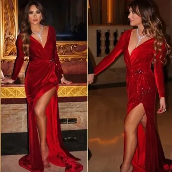 Дженифър Лопес Тъмно червено бархатное вечерна рокля знаменитост на Русалка с дълбоко V-образно деколте и дълги ръкави Дубай Арабски рокли за бала на поръчка