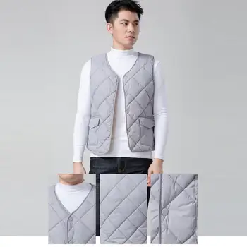 Однотонная мъжка жилетка-яке, ветрозащитная мъжки зимна жилетка от плюш, свободно палто, намаляване с дебела подплата, с V-образно деколте, однобортными джобове