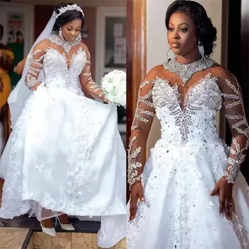 Красота, Висока шия, обемни апликации, илюзия на Африканския сватбена рокля, дълги ръкави, Сватбената рокля Robe De Mariée 2023, открита на въртене, сватбена рокля