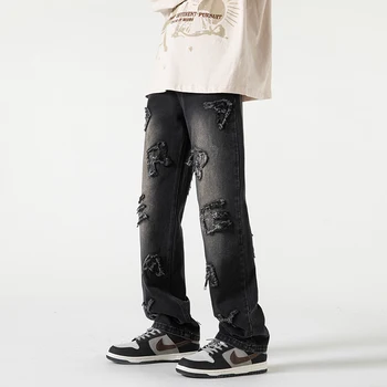 Мъжки дънки с бродерия букви в стил пънк, Обикновена за любителите на streetwear дрехи в стил хип-хоп Y2K, Директни дънкови панталони, ежедневни панталони Four Seasons