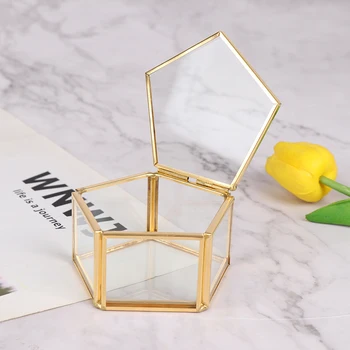 Геометрична стъклен ковчег за бижута, Цветя стая, Кутия за пръстени, Кутия за обеци, Органайзер за бижута
