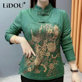 2023 Есен-зима, реколта риза с дълъг ръкав с принтом, дамски плюс кадифе елегантна блуза копчета, универсални пуловери в китайски стил
