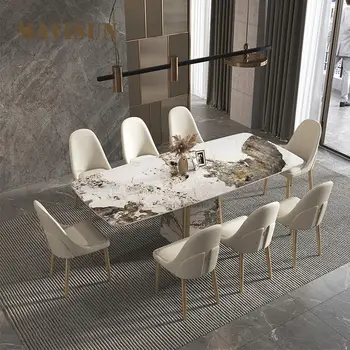 Маса за хранене е от каменни плочи, луксозна каменна лампа, луксозно съчетание на масата за хранене и столове от италианския дизайнер в съвременния минимализме висок клас