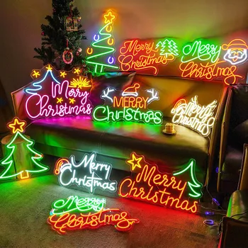 Весела Коледа Неонови надписи Коледно писмо Дърво, Акрилни led светлини и USB за коледни аксесоари за Декорация на стени у дома детска спалня