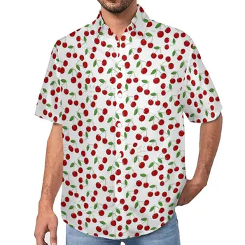 Ежедневна риза с принтом Червени череши, свободна плажна риза с красиви плодове, Хавайски реколта блузи с къс ръкав, графични върховете Оверсайз