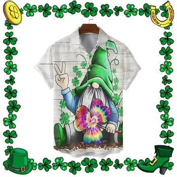 Мъжка риза, ризи в чест на Деня на Свети Патрик, Блузи в чест на Ирландския национален празник, Върхове с ревера и къс ръкав, мъжки Зелени фестивални кофточки 