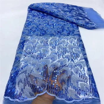 Африканска лейси плат с пайети 2024 Син цвят, на Френското Нигерийски дантелено платно за младоженци, благородна Конфедерация на окото тюлевая лейси плат за сватбени партита