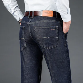 Есенни Нови Класически мъжки прави дънки с бродерия в задния си джоб, бизнес модни дънкови панталони-участък, Черни, сини Маркови панталони