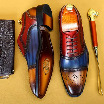 Мъжки обувки-oxfords с цветни блокчета, Сватбена официалната мъжки обувки, Офис бизнес дизайнерски обувки от естествена кожа, мъжки Оригинален