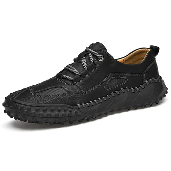 Кожена ежедневни ръчно изработени обувки, мъжки нескользящие мъжки маратонки в ретро стил, модни пешеходната обувки, мъжки обувки на равна подметка, удобна градинска обувки