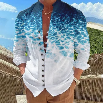 2023 Нови постъпления Мъжки 3D риза Модерен риза с флорална принтом с висока деколте и дълъг ръкав Пролет Лято Спортни дрехи с листа от Върховете