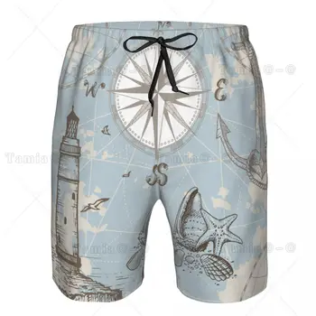 Морска карта с компас, котва, миди, бързо съхнещи плувни шорти за мъже, бански костюми, бански сандък, плажно облекло за плуване