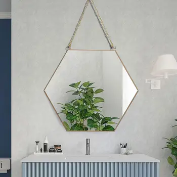 Стенно шестиугольное огледало за грим в скандинавски стил със заоблени ръбове, Козметично огледало за баня с окачен на веригата, украса за дома