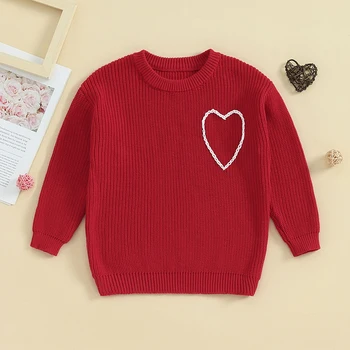 Пуловери SUNSIOM за малки момичета, Пролет-есен облекло за Свети Валентин сладки плетени пуловери с бродерия във формата на сърце с дълги ръкави, джъмпери, върхове
