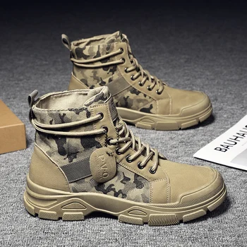 Мъжки ежедневни обувки Непромокаеми Кожени военни ботуши от дантела-Модерни мотоциклетни военни обувки с високи берцем Ежедневни обувки нескользящие