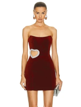 Сексуалното бандажное рокля без презрамки с бриллиантовым сърце, женски вино-червено Мини-дебнещ рокля с отворен гръб и кристали, Вечерна парти на знаменитости