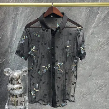 2023 Триизмерна риза с бродерия под формата на водни Кончета, Модни Прозрачна Секси риза, мъжки дрехи с къс ръкав, Прозрачни Социална Клубната