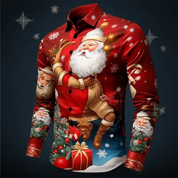 Мъжка риза Върховете в стил хавайска риза на Дядо Коледа, празнична дрехи с 3D принтом, зимна мъжка риза с дълъг ръкав и ръкавели, ежедневни яке