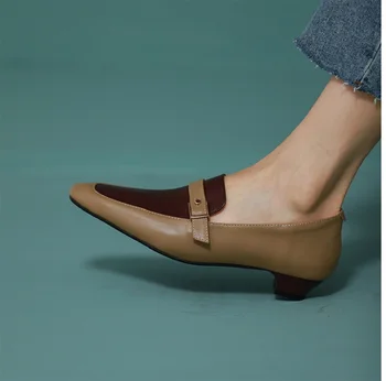 Дамски обувки на нисък ток, обувки-лодка, без съединителни 2,5 см, женски обувки в стил ретро с квадратни пръсти, ежедневни обувки-лодки в стил мозайка във френски стил за пролет-есен