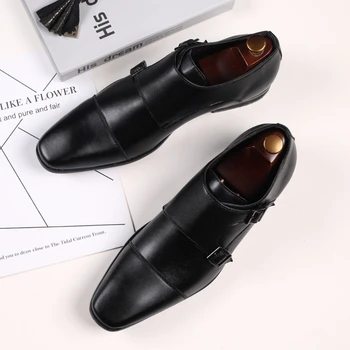 Луксозни мъжки бизнес кожени обувки големи размери с квадратни пръсти, обикновена oxfords с катарама, вечерни обувки в стил ретро, Zapato De Hombre
