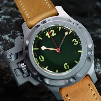 Титанови часовници Hruodland ограничена серия 45-мм Big Dild Sapphire PT5000 с автоматичен механизъм, реколта кожени ръчни часовници
