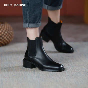 Зимни дамски ботуши от 2021 г., Дамски обувки, без закопчалка, Модни дамски обувки на платформа с квадратни пръсти, а дебелите обувки, Дамски обувки, обувки на токчета в стил ретро
