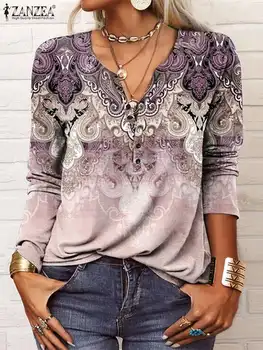 ZANZEA Дамски модни блуза с V образно деколте и дълъг ръкав, ежедневни Празнични възли върхове, реколта риза с флорална принтом, есенна жилетка, пуловер