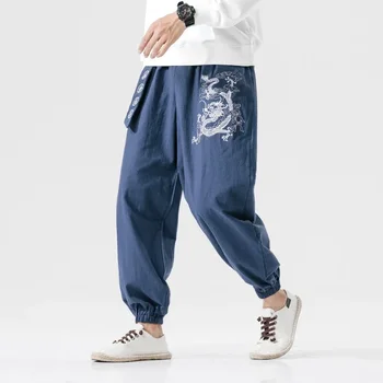 Мъжки панталон с бродерия дракон, ежедневни зреещи в корейски стил, мъжки есенни зреещи 2021 г. с колан, свободни мъжки панталони оверсайз